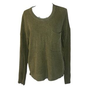 Madewell Olive Green Ribbed Knit Crewneck Sweater with Pocket | Size Medium